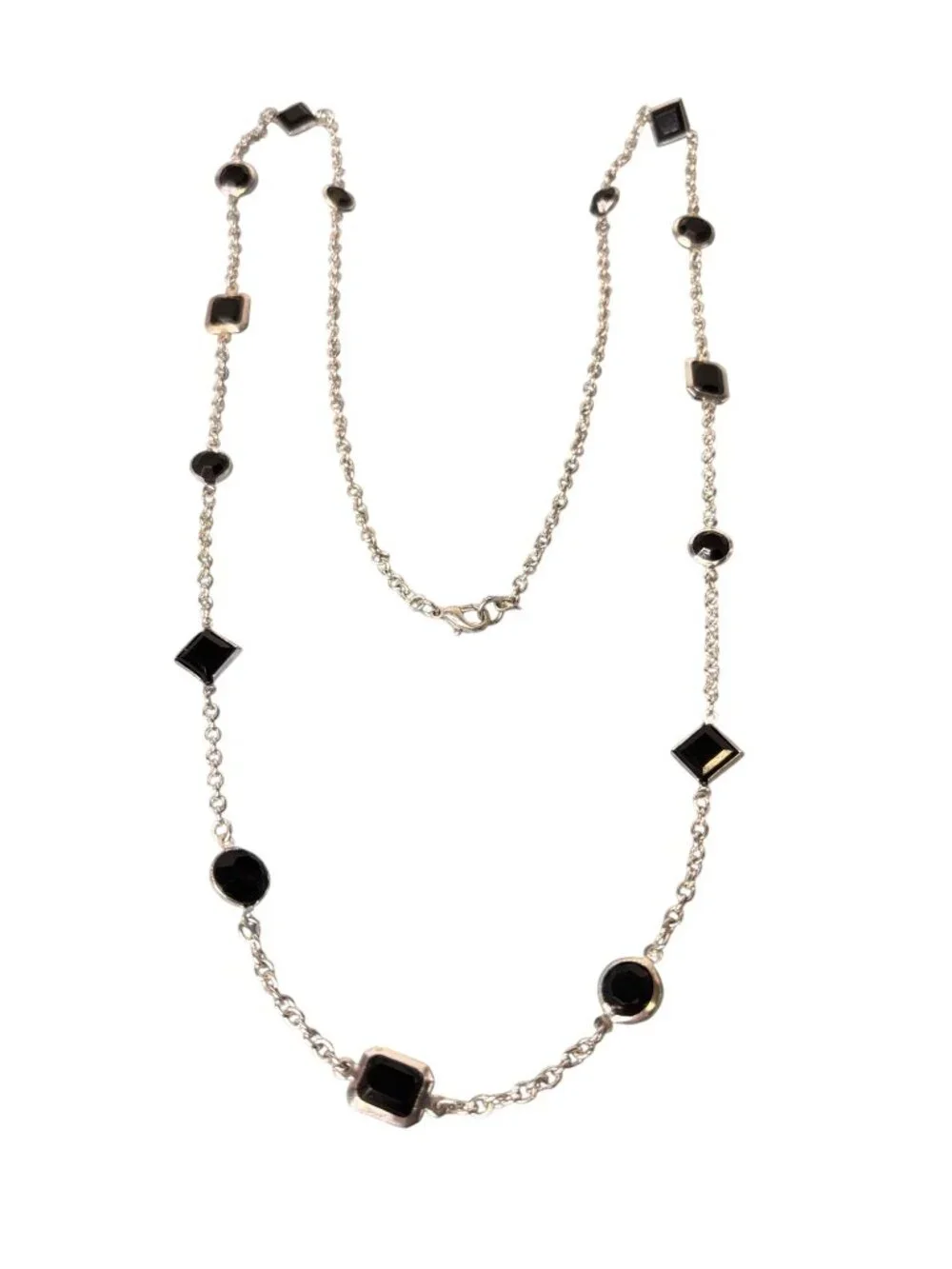 Geometric Bezel Set Black Plastic Rhinestone Station Silvertone Chain Necklace